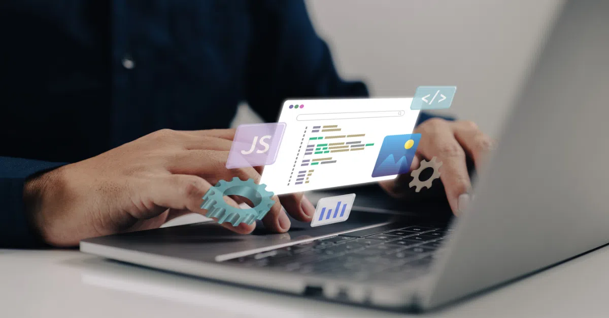 Hands typing on a laptop with floating JavaScript and development icons representing modern tech tools.