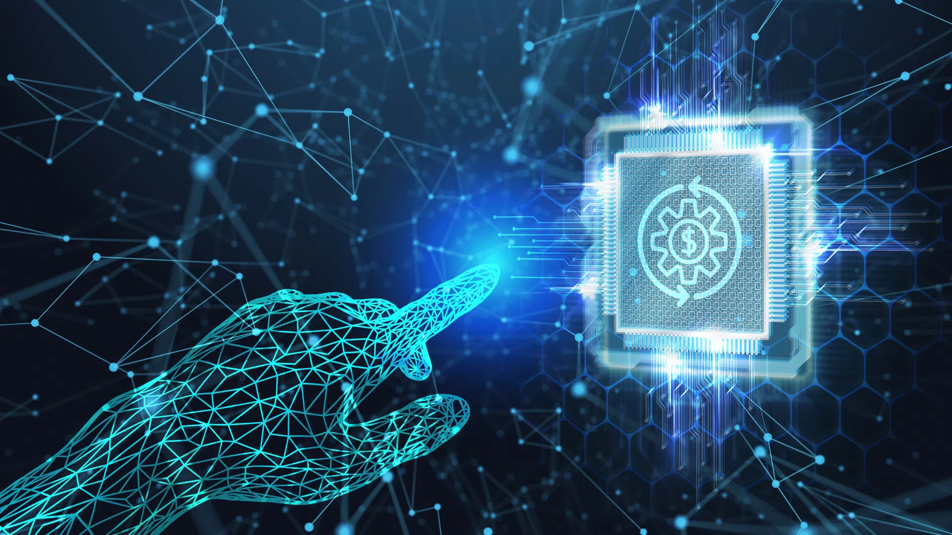 Wireframe digital hand interacting with a glowing chip symbolizing financial automation, representing AI and software-driven transformation in fintech services.