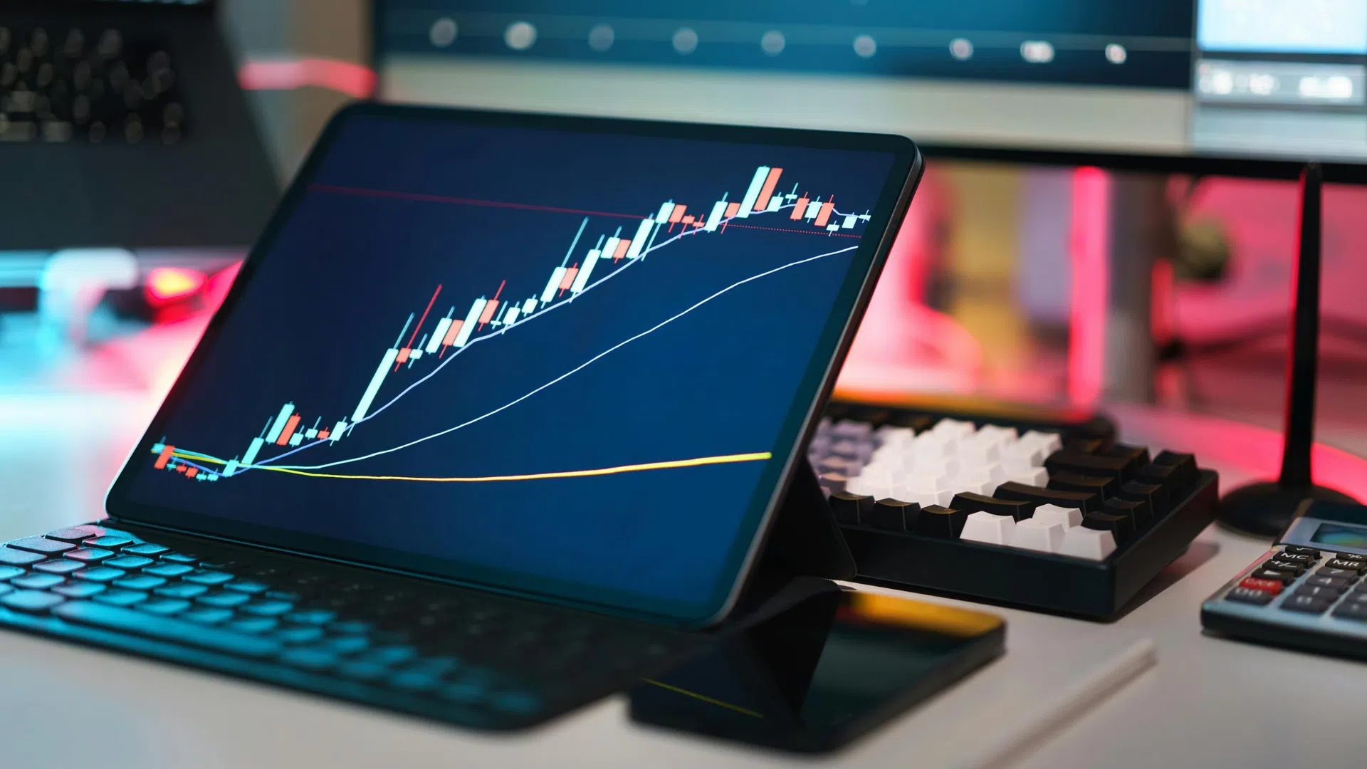 Tablet displaying a candlestick chart with rising financial data, representing the growth and performance tracking in fintech software environments.