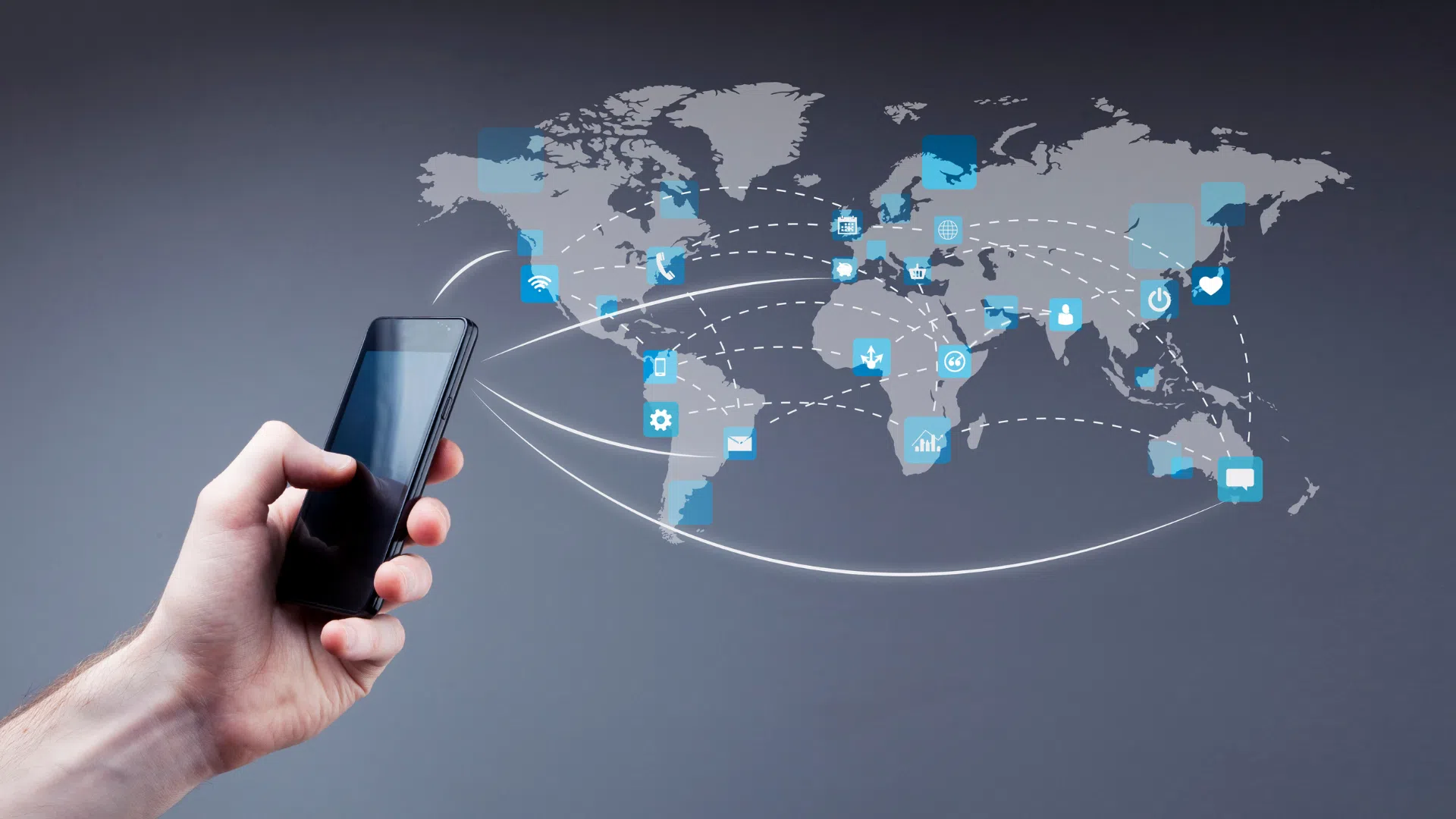 Smartphone with global connection lines over a digital world map, representing staffing agency for remote jobs